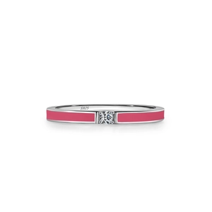 Minimalist S925 sterling silver ring with pink enamel and round white gemstone center