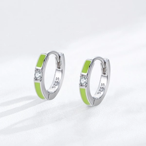 S925 sterling silver hoop earrings with neon green enamel and sparkling zircon accents