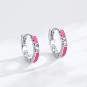 Orecchini a cerchio in argento S925 con smalto rosa neon e pietra di zircone lucido