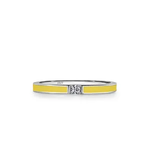 S925 Sterling Silver Yellow Enamel Ring For Women Minimalist Drip Oil Single Rhinestone Stackable Band Jewelry Gift