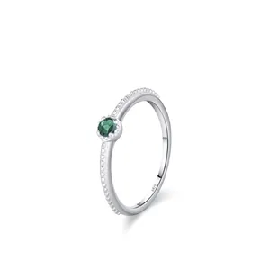 French Vintage S925 Sterling Silver Ring For Women Emerald Green Zirconia Beaded Band Stackable Luxury Finger Jewelry Gift