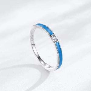 Minimalist S925 sterling silver ring with blue enamel and sparkling round center stone