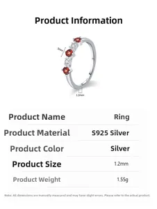 Detailed spec view of S925 silver ring with red ruby stones and 1.2mm band width