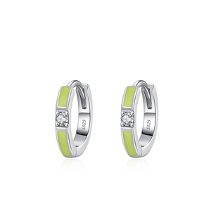 S925 sterling silver hoop earrings with neon green enamel and sparkling zircon accents