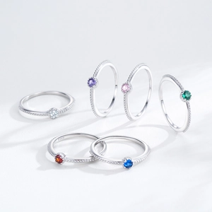 Set of six S925 sterling silver rings with colorful cubic zirconia and beaded band design