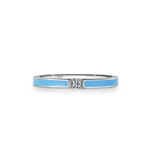 Minimalist S925 sterling silver ring with blue enamel and sparkling round zircon stone