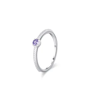 Elegant 925 Sterling Silver Purple Zirconia Ring Vintage Milgrain Bead Edge Stackable Finger Ring For Women Fine Jewelry