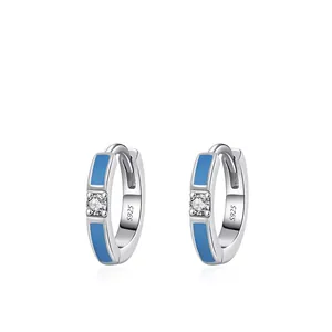 Boucles d'Oreilles Huggie Hoop en Argent Sterling 925 Minimalistes Émail Bleu pour Femmes Incrusté Zirconia Ronde Bijoux Géométriques Mode Cadeau