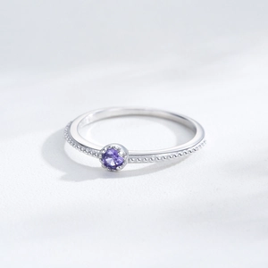 Elegant S925 sterling silver ring with purple zircon stone and vintage milgrain detailing