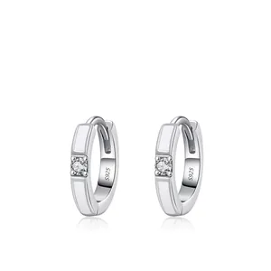 Minimalist S925 Sterling Silver Huggie Hoop Earrings For Women White Enamel Single Rhinestone Inlaid Geometric Circle Jewelry