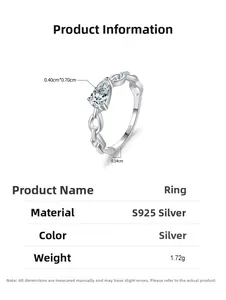 S925 sterling silver chain ring featuring pear-cut zircon and 1.72g weight detail