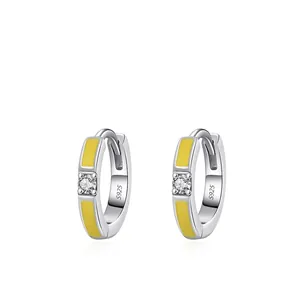 925 Sterlingsilber Gelbe Emaille Huggie Hoop Ohrringe Für Damen Minimalistische Eingelegte Zirkonia Geometrischer Schmuck