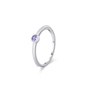 Elegant S925 sterling silver ring with round purple zircon and beaded band detail