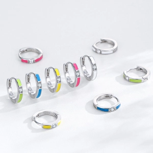 S925 sterling silver hoop earrings with colorful enamel and inlaid cubic zirconia stones