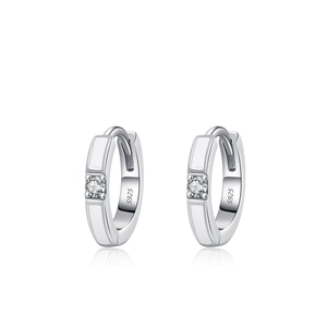 Minimalist S925 sterling silver hoop earrings with white enamel and single zircon accent