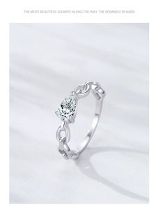 Detail of S925 silver chain ring featuring a sparkling pear-cut zircon stone centerpiece
