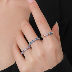 Three-piece set of S925 sterling silver rainbow rings with vibrant colorful zircon gemstones