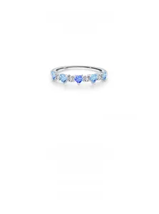 Detailed macro view of S925 sterling silver stamp and blue heart-shaped zircons