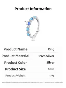 Detailed size parameters of S925 silver ring with blue heart zircon and technical specs
