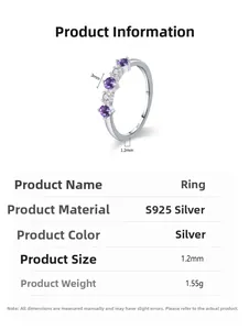 Detailed view of S925 sterling silver ring with 3mm purple zircon and dimension specs