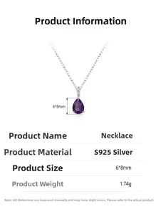 Details zur S925 Sterlingsilber Kette mit lila Kristallanhänger in Tropfenschliff