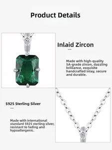 Detail of emerald-cut green zircon pendant in S925 sterling silver four-prong setting