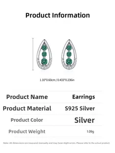 Detail view of 925 sterling silver teardrop earrings with green zircon and dimensions