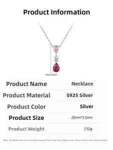 Detail specifications of S925 sterling silver necklace with pink pear-shaped stone pendant