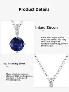 Close-up of S925 sterling silver necklace with a brilliant round blue sapphire zircon