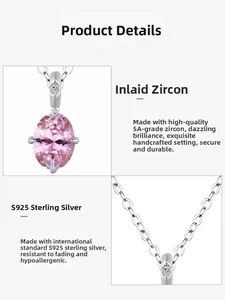 Detail of 925 sterling silver necklace with pink oval zircon and handmade setting