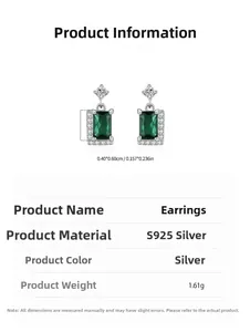 Detailed size specifications of S925 silver stud earrings with green zircon stones