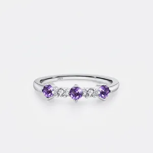 S925 Sterling Silver Purple Zirconia Inlaid Row Ring Minimalist Geometric Amethyst Colored Gemstone Finger Ring For Women Jewelry