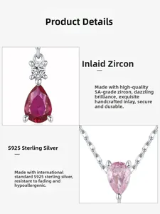 Macro detail of S925 sterling silver necklace with teardrop pink gemstone and 5A zircon