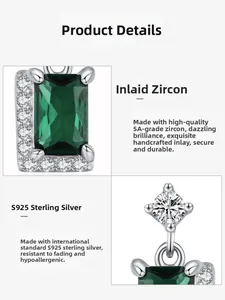 Detail view of S925 sterling silver square emerald cut green zircon earrings