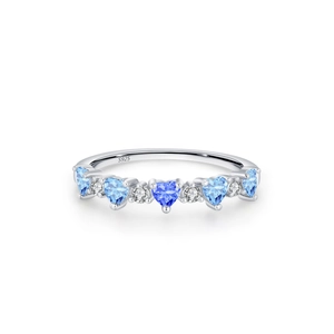 S925 sterling silver ring featuring five blue heart-shaped stones and small zircon accents