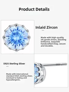 Detail view of S925 sterling silver ear studs with 5A blue zircon in crown setting