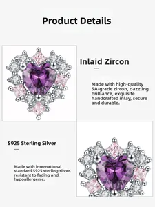 Dettaglio macro dell'orecchino a cuore in argento S925 con zircone viola e intarsio a mano