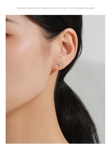 Détail de boucles d'oreilles abeille avec pierre jaune et ailes argentées sur l'oreille