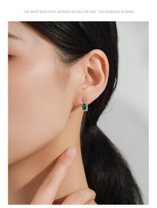 Detailed view of square emerald green zircon earrings set in vintage S925 silver