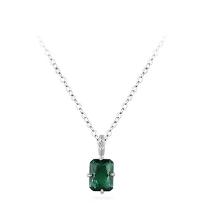 Elegant 925 Sterling Silver Emerald Cut Green Zirconia Pendant Necklace For Women Geometric Sugar Cube Fine Jewelry Gift