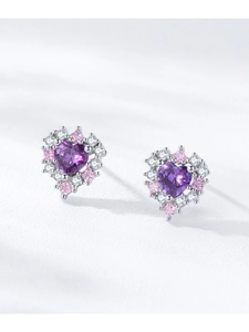 Macro di orecchini in argento S925 con zircone a cuore viola e pietre rosa