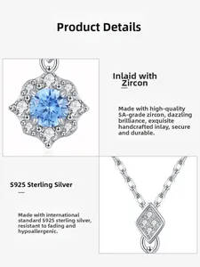 Macro detail of S925 sterling silver necklace featuring premium 5A blue zircon stones