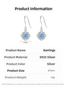 Detail view of S925 silver snowflake earrings with blue zircon and size parameters