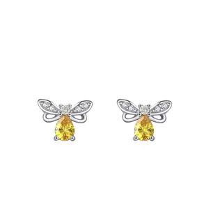 Boucles d'Oreilles Clous Abeille en Argent Sterling 925 pour Femmes Petite Abeille Forme Animale Incrusté Zirconia Jaune Bijoux