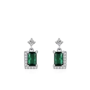925 Sterling Silver Vintage Green Zirconia Stud Earrings Emerald Cut Rectangle Geometric Light Luxury Elegant Jewelry For Women