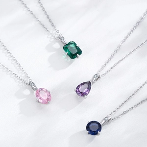 Classic S925 sterling silver necklaces featuring colorful sapphire zircon pendants in four shapes