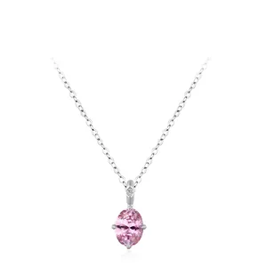 925 Sterling Silver Oval Pink Zirconia Pendant Necklace Romantic Sweet Women Jewelry Silver O-Chain Clavicle Necklace Gift