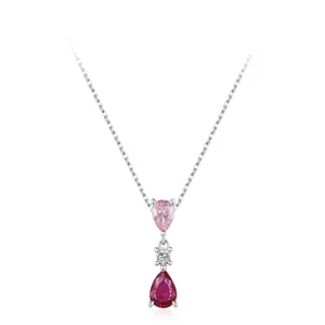 925 Sterling Silver Pink Red Teardrop Zirconia Pendant Necklace For Women Sweet Fashion Jewelry Clavicle Chain Gift