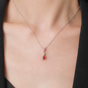 S925 silver necklace with pink and red pear-shaped pendants on elegant O-chain