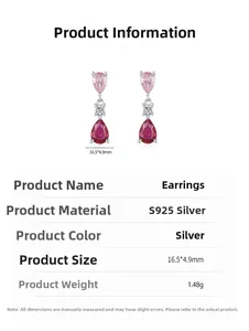 Detailed size chart for pink teardrop S925 silver earrings, 16.5x4.9mm dimensions